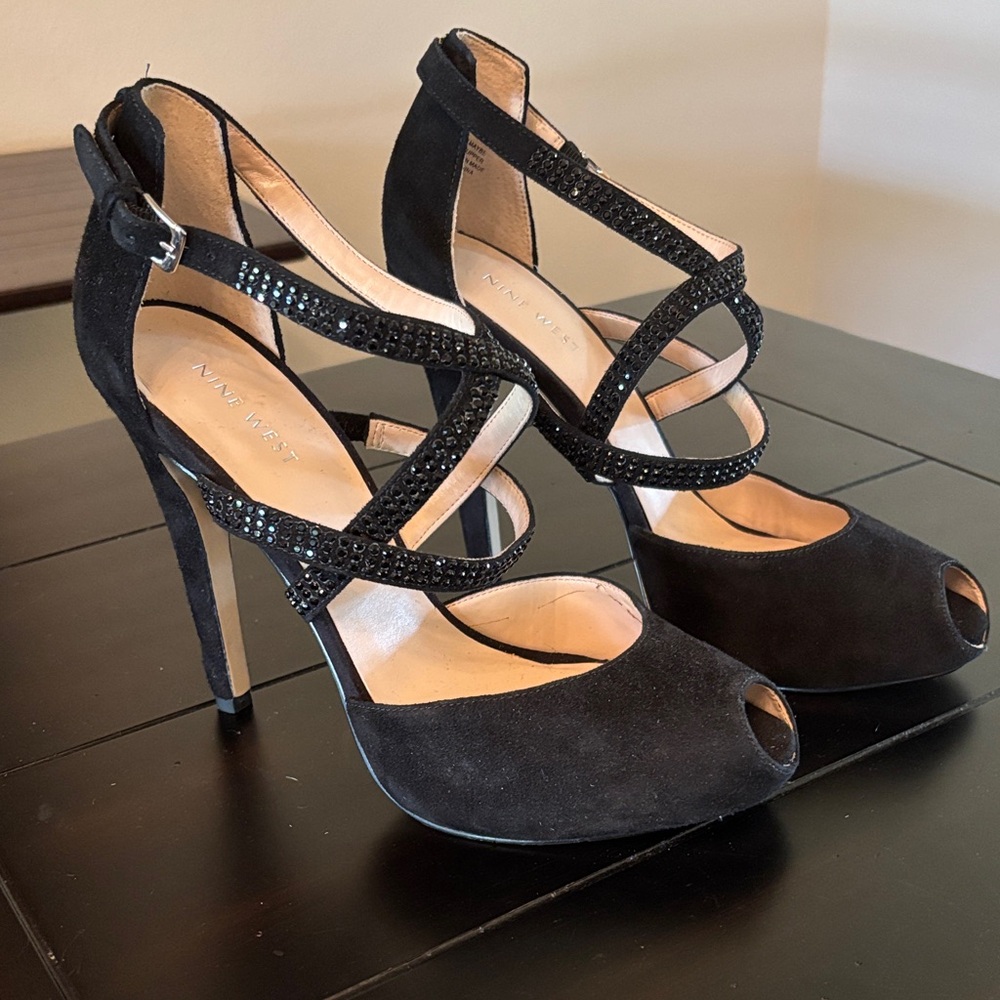 Nine West Black Strappy Peep-Toe Heels